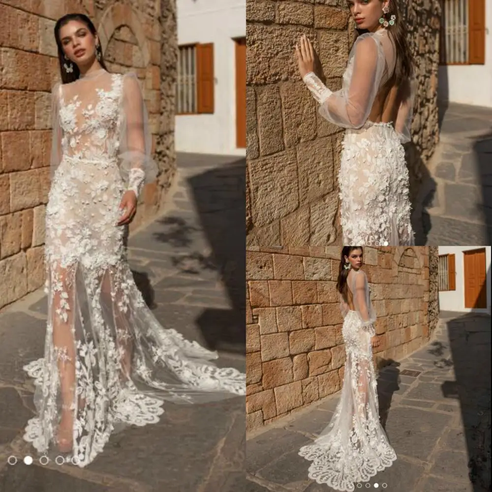 Свадебные платья Mermaid 2020 с 3D цветочной аппликацией, кружевные свадебные платья с длинным рукавом и шлейфом, Robe De Mariée Изображение 0