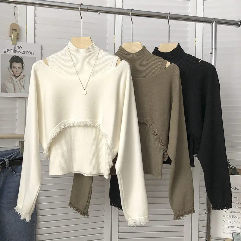 Корейский свитер-пуловер, универсальный вязаный жилет с длинными рукавами и полувысоким воротником, комплект из двух предметов, весенний однотонный женский пуловер-свитер Изображение 0