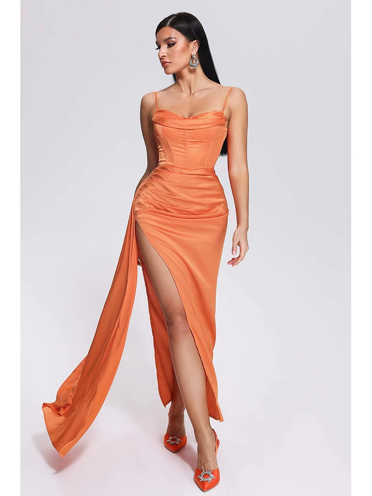 Сексуальное женское длинное платье на бретельках с высоким разрезом, Оранжевое Тонкое длинное платье без рукавов с открытой спиной и драпировкой, Вечернее коктейльное платье Изображение 0