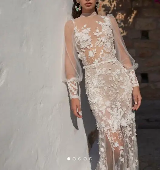 Свадебные платья Mermaid 2020 с 3D цветочной аппликацией, кружевные свадебные платья с длинным рукавом и шлейфом, Robe De Mariée Изображение 1