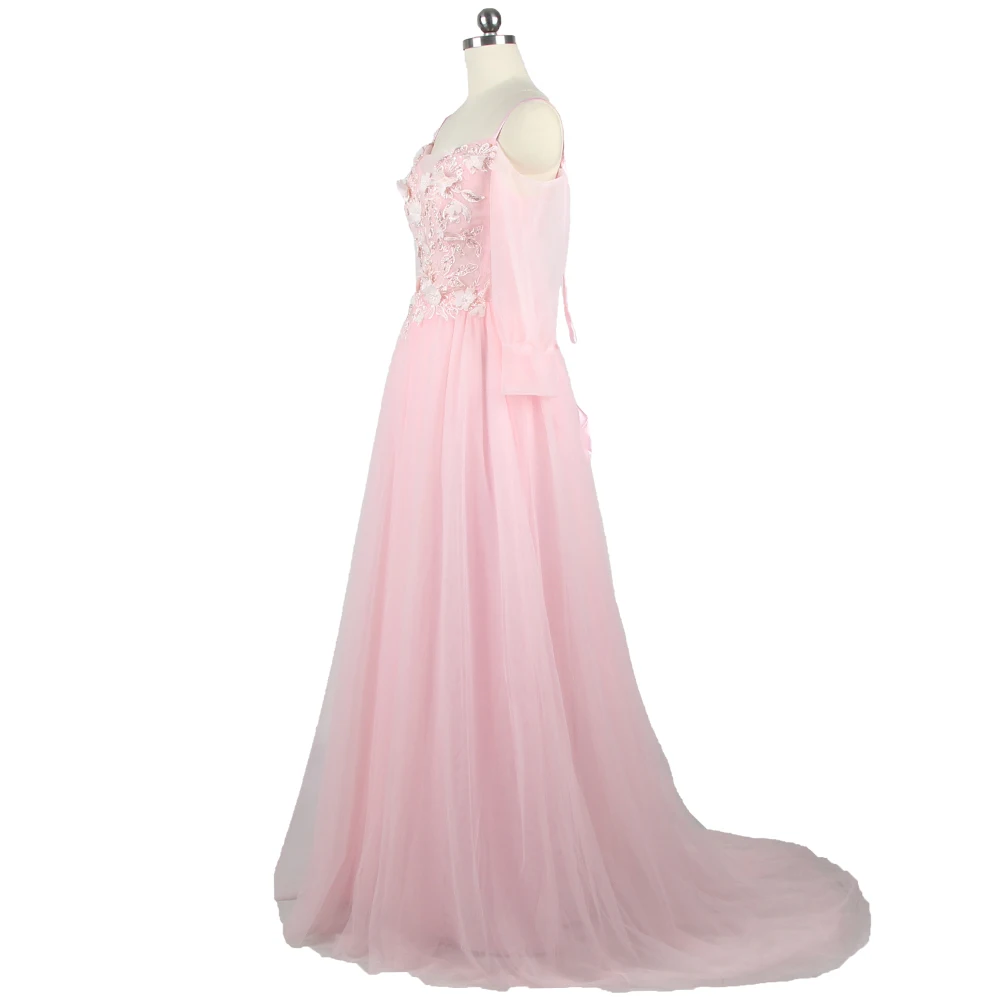 Вечернее платье It's YiiYa, Розовое Фатиновое платье С аппликацией, вырез лодочкой, Длинные рукава, Трапециевидная складка, Длина до пола, Плюс размер, Женское вечернее платье LX1268 Изображение 1