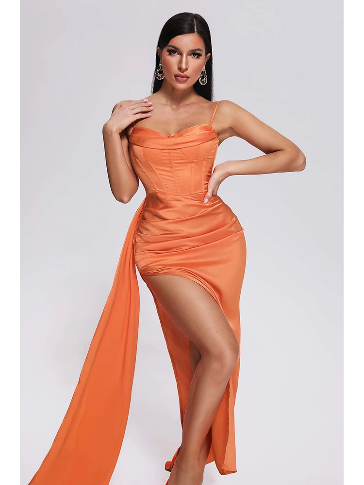Сексуальное женское длинное платье на бретельках с высоким разрезом, Оранжевое Тонкое длинное платье без рукавов с открытой спиной и драпировкой, Вечернее коктейльное платье Изображение 1