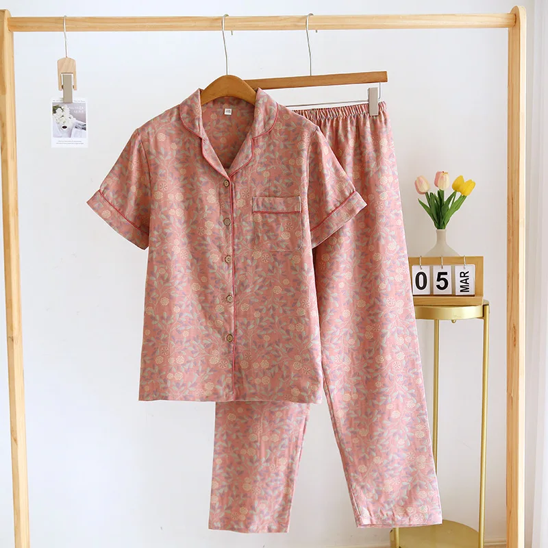 Удобный шикарный женский летний пижамный комплект, хлопковые брюки с короткими рукавами, кардиган, окрашенный в пряжу, идеально подходит для домашнего обслуживания, костюм из 2 предметов Изображение 1