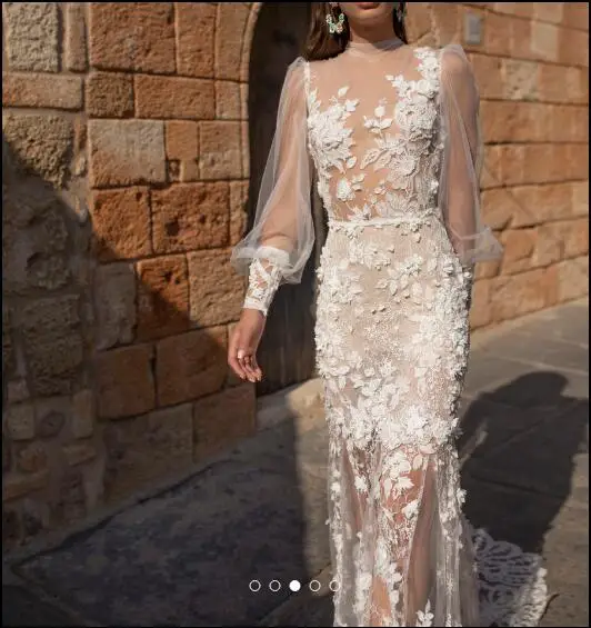 Свадебные платья Mermaid 2020 с 3D цветочной аппликацией, кружевные свадебные платья с длинным рукавом и шлейфом, Robe De Mariée Изображение 2
