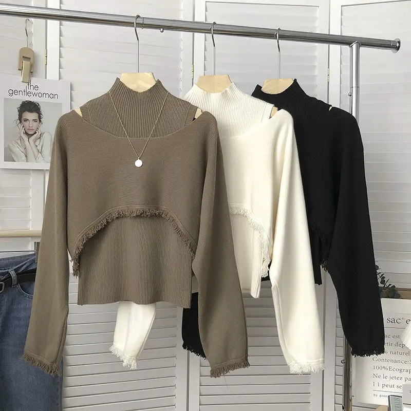 Корейский свитер-пуловер, универсальный вязаный жилет с длинными рукавами и полувысоким воротником, комплект из двух предметов, весенний однотонный женский пуловер-свитер Изображение 2