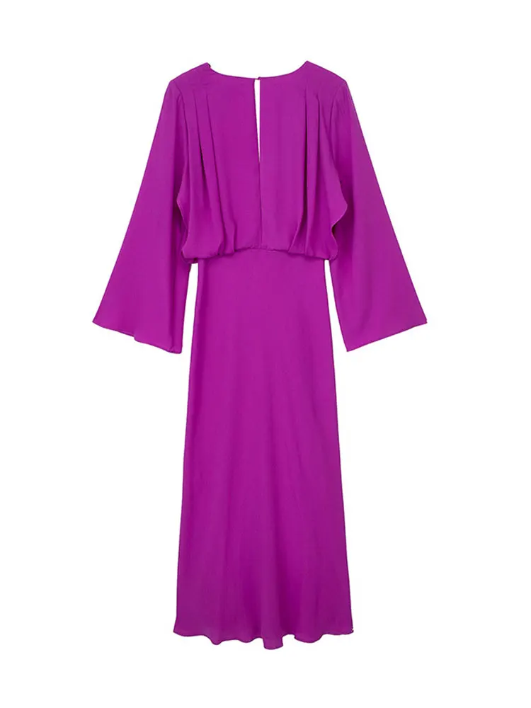 Элегантное однотонное платье Миди с V-образным вырезом для женщин 2023, модные женские платья с расклешенными рукавами, новые весенние женские винтажные повседневные платья Изображение 2
