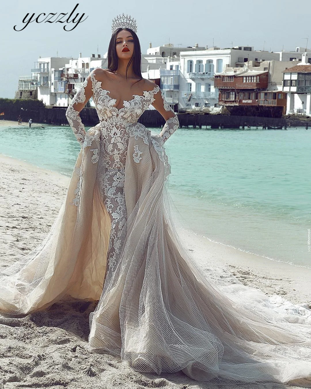 Yczzly Свадебное платье-русалка с открытыми плечами и съемной юбкой цвета шампанского, длинные рукава, кружевное свадебное платье с аппликациями YW102 Изображение 2