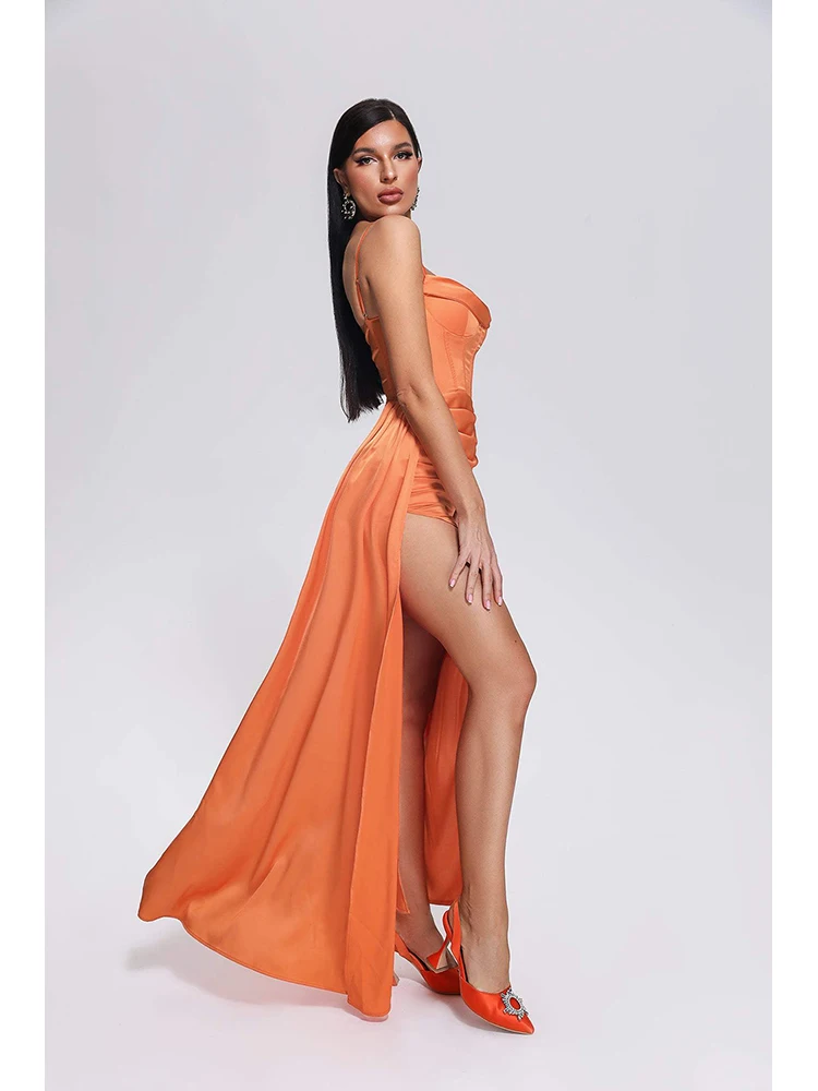 Сексуальное женское длинное платье на бретельках с высоким разрезом, Оранжевое Тонкое длинное платье без рукавов с открытой спиной и драпировкой, Вечернее коктейльное платье Изображение 2