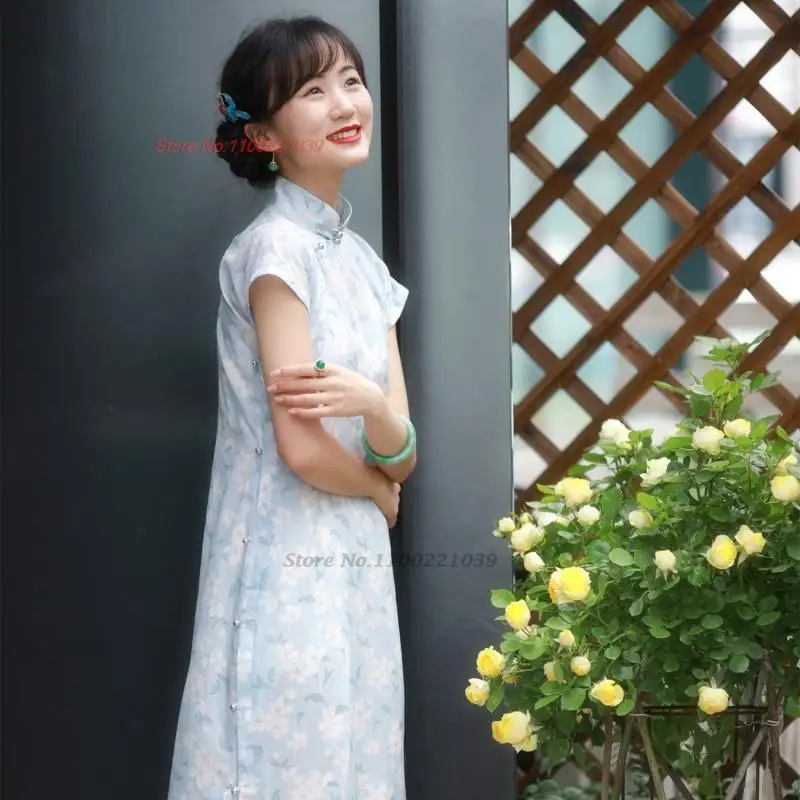 2023 китайское платье из атласа с винтажным цветочным принтом, женское восточное платье cheongsam, современный женский фарфор, элегантная повседневная вечеринка qipao Изображение 2