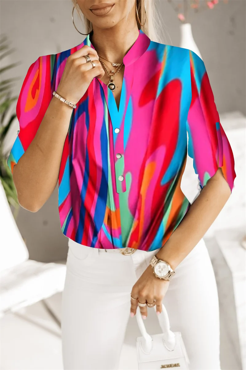 2023 Новая женская рубашка с цветочным принтом на пуговицах Летняя одежда Топы в Европейском и американском стиле Повседневная женская блузка Прямая поставка Изображение 2