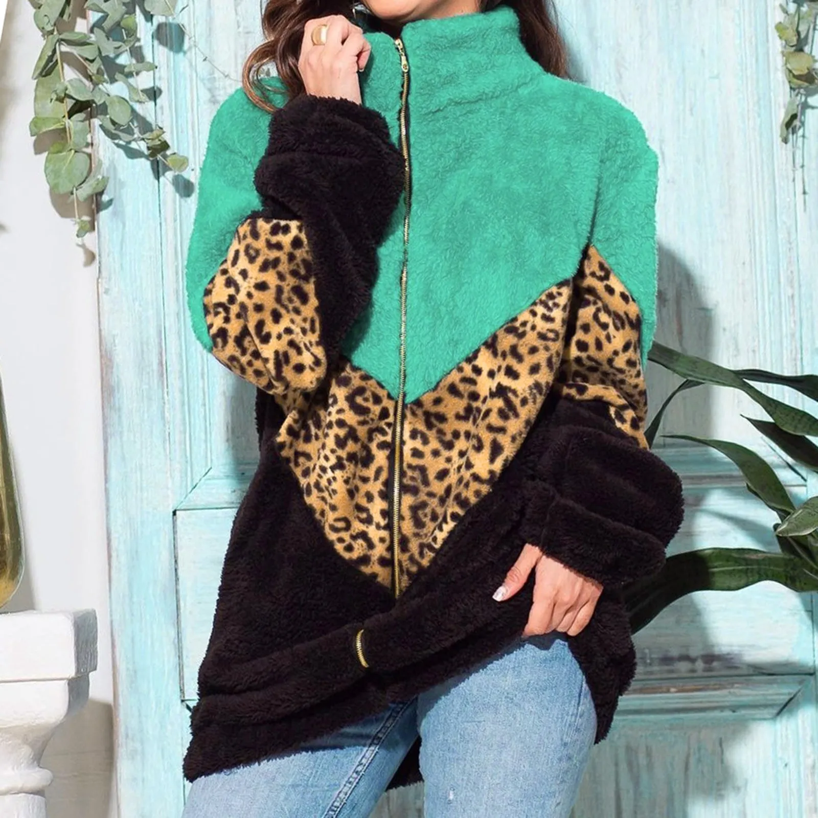 Женская зимняя повседневная толстовка с искусственным мехом Color Block H, толстовка на молнии, Свободная блузка, Теплое пальто Изображение 2