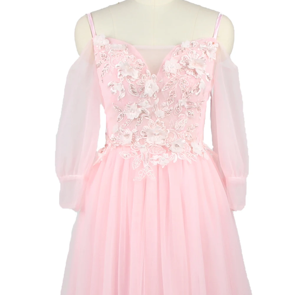 Вечернее платье It's YiiYa, Розовое Фатиновое платье С аппликацией, вырез лодочкой, Длинные рукава, Трапециевидная складка, Длина до пола, Плюс размер, Женское вечернее платье LX1268 Изображение 3