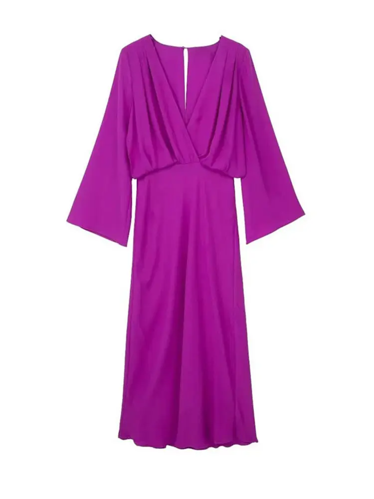 Элегантное однотонное платье Миди с V-образным вырезом для женщин 2023, модные женские платья с расклешенными рукавами, новые весенние женские винтажные повседневные платья Изображение 3