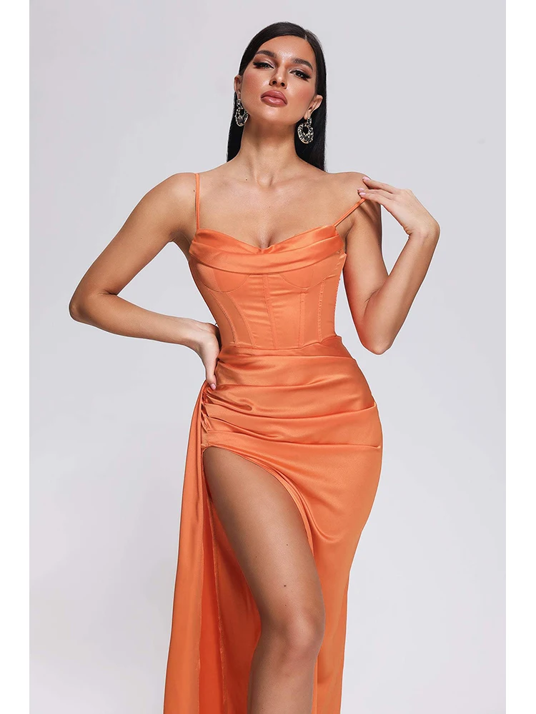 Сексуальное женское длинное платье на бретельках с высоким разрезом, Оранжевое Тонкое длинное платье без рукавов с открытой спиной и драпировкой, Вечернее коктейльное платье Изображение 3