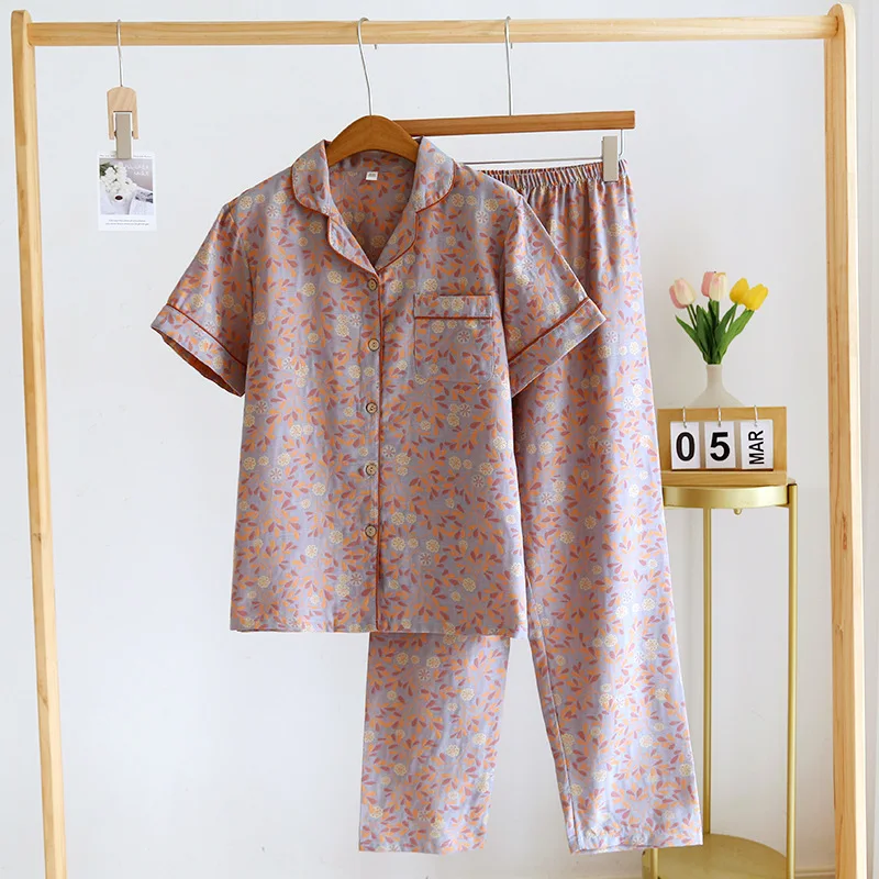 Удобный шикарный женский летний пижамный комплект, хлопковые брюки с короткими рукавами, кардиган, окрашенный в пряжу, идеально подходит для домашнего обслуживания, костюм из 2 предметов Изображение 3