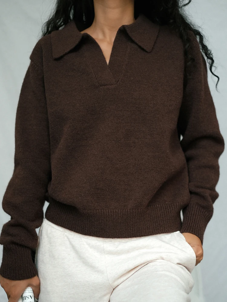 Трикотажные пуловеры Traf, свитер, женская мода, осень, Свободный отложной воротник, повседневные толстые однотонные женские топы с V-образным вырезом, трикотаж 2023 г. Изображение 4
