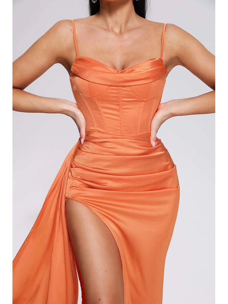 Сексуальное женское длинное платье на бретельках с высоким разрезом, Оранжевое Тонкое длинное платье без рукавов с открытой спиной и драпировкой, Вечернее коктейльное платье Изображение 4