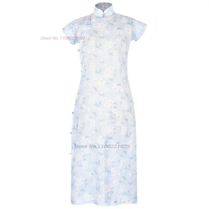 2023 китайское платье из атласа с винтажным цветочным принтом, женское восточное платье cheongsam, современный женский фарфор, элегантная повседневная вечеринка qipao Изображение 4