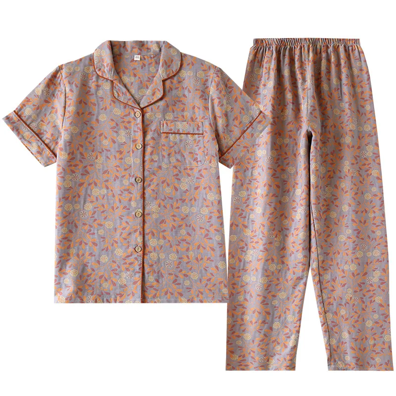 Удобный шикарный женский летний пижамный комплект, хлопковые брюки с короткими рукавами, кардиган, окрашенный в пряжу, идеально подходит для домашнего обслуживания, костюм из 2 предметов Изображение 4