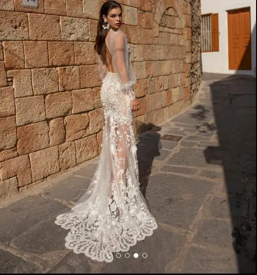 Свадебные платья Mermaid 2020 с 3D цветочной аппликацией, кружевные свадебные платья с длинным рукавом и шлейфом, Robe De Mariée Изображение 5