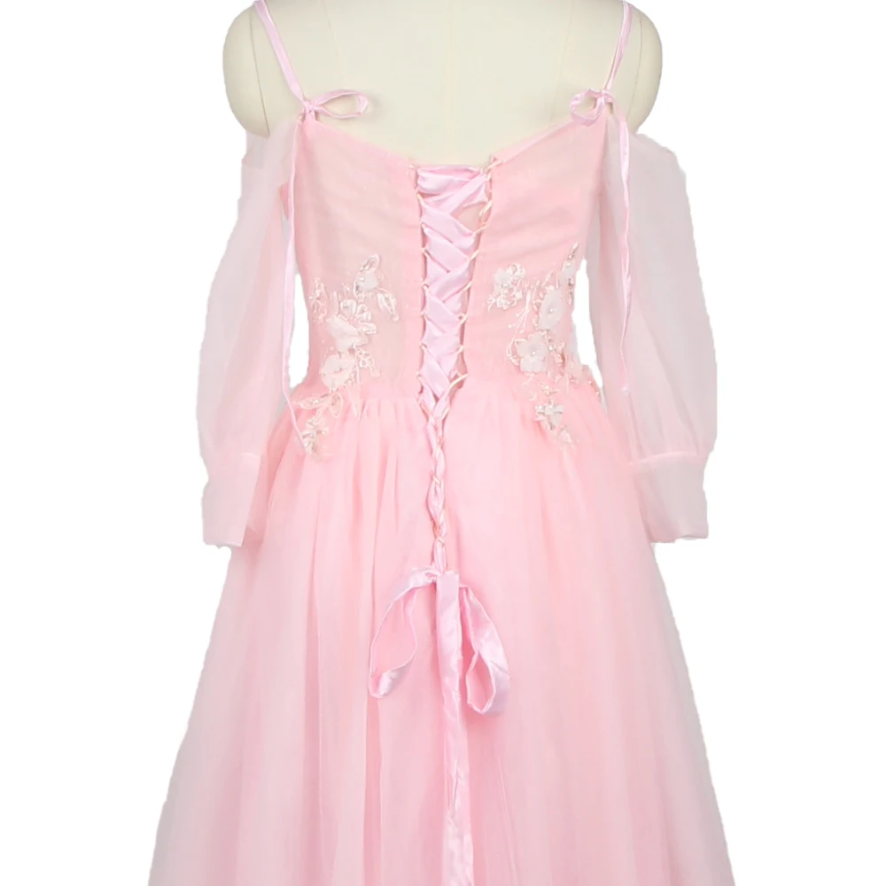 Вечернее платье It's YiiYa, Розовое Фатиновое платье С аппликацией, вырез лодочкой, Длинные рукава, Трапециевидная складка, Длина до пола, Плюс размер, Женское вечернее платье LX1268 Изображение 5