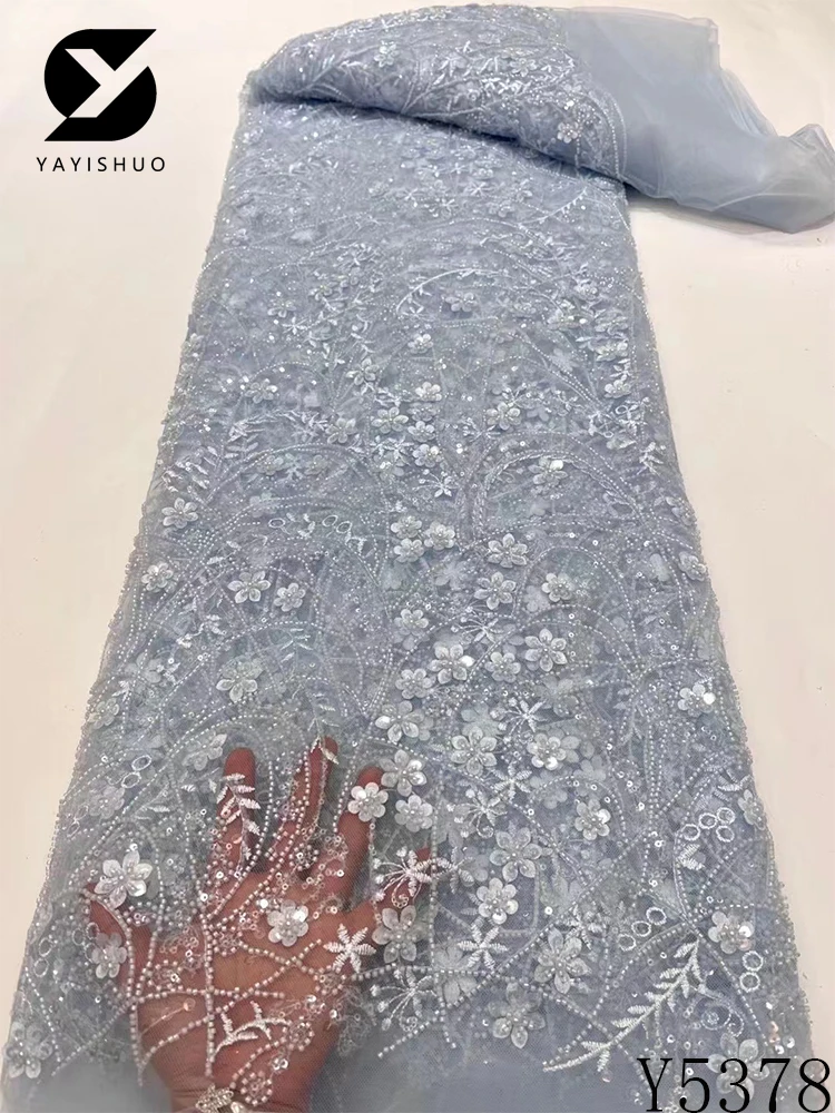 2023 Высококачественная Кружевная Ткань Ручной Работы Из Бисера Франция Блестки Вышивка 3D Бисером Нигерийская Свадебная Кружевная Ткань Для Шитья Y5378 Изображение 5