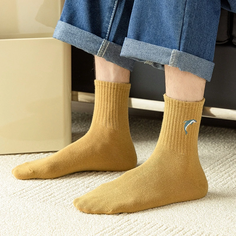 Осенние и зимние однотонные носки с вышивкой Женские Мужские Милые кавайные дышащие Японские Модные спортивные носки Harajuku Изображение 5