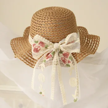 Соломенная летняя шляпа Модная женская Широкополая шляпа с кружевным бантом Gorras для Fugees, Пляжные детские солнцезащитные шляпы, детская кепка с большими полями