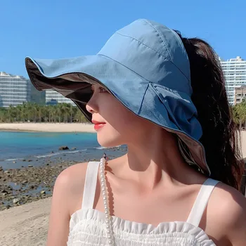 Летние солнцезащитные шляпы с защитой от ультрафиолета для женщин, уличные пляжные кепки с пустым верхним козырьком, женская панама с конским хвостом и широкими полями