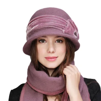 Женская вязаная фетровая шляпа из шерсти кролика, модные винтажные женские зимние шапки с широкими полями, шапка-утеплитель для шеи с шарфом