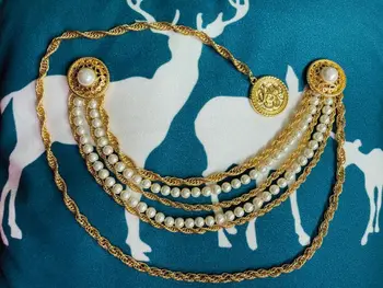 Новая позолоченная медь в стиле барокко, скрученная змея, Жемчужные поясные цепочки, Подвеска в виде монеты, Винтажный регулируемый пояс с резьбой из золотого металла