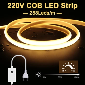 220V Dimmable COB LED Strip Light 288LEDs Высокой Плотности Водонепроницаемый Гибкий COB Led Неоновая Лента Теплая Природа Холодный Белый Переключатель EU Plug