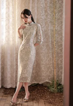 2023 Весеннее Элегантное Платье Ципао в Китайском Стиле для Молодых Девушек, Ежедневно Улучшающее Качество Чонсам, Тонкое Кружевное Вышитое Платье Ципао в Китайском Стиле для Женщин