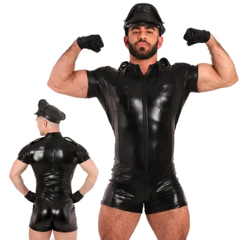 Сексуальный мужской кожаный боди-шейпер, черный костюм полицейского для косплея, Нижнее белье, Шляпа, Перчатки, Комплект, Эротическое боди для геев и сисси на молнии для взрослых, Искусственная латексная