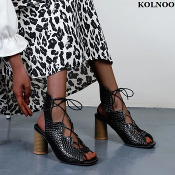 Kolnoo Ручной работы, Новое поступление, Летние женские босоножки на массивном каблуке со шнурками крест-накрест, туфли с открытым носком, Вечерняя модная обувь