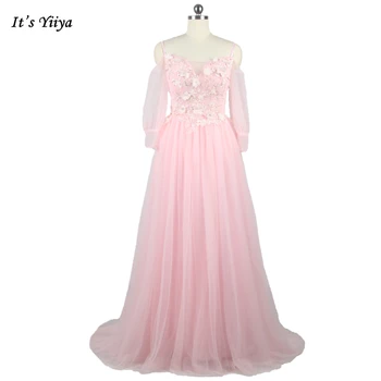 Вечернее платье It's YiiYa, Розовое Фатиновое платье С аппликацией, вырез лодочкой, Длинные рукава, Трапециевидная складка, Длина до пола, Плюс размер, Женское вечернее платье LX1268