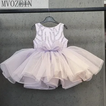 Mvozein-Сиреневые платья с цветочным узором для девочек 2023 Года, Вечерние платья трапециевидной формы для маленьких девочек с аппликацией, Платье для Дня рождения для девочек