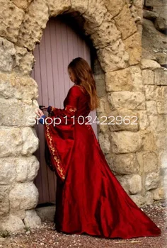 Красная Леди Средневековые платья для выпускного вечера на Хэллоуин, Сказочное вечернее платье с золотой аппликацией и вышивкой из фильма 