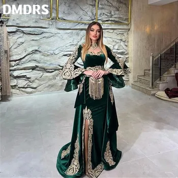 Изумрудно-зеленые бархатные вечерние платья Русалки Со съемной аппликацией в виде шлейфа, длинные рукава, платья для выпускного вечера, кафтан, Арабские женщины