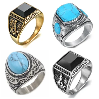 10 шт./лот Винтажное кольцо с синим ювелирным камнем из нержавеющей стали, масонские кольца для вольных каменщиков, мужские ювелирные аксессуары оптом