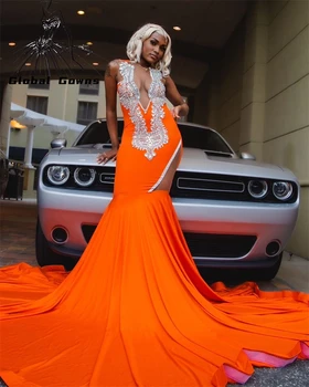 Оранжевое прозрачное длинное платье с круглым вырезом для выпускного вечера для чернокожих девушек 2023, расшитое бисером и кристаллами, платья для дня рождения, вечерние платья с вырезами, Русалка Роб
