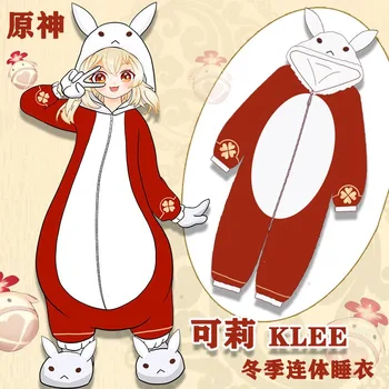 Горячая игра, костюмы для косплея Genshin Impact Klee, зимний теплый фланелевый комбинезон с заячьими ушками, красная цельная пижама для взрослых