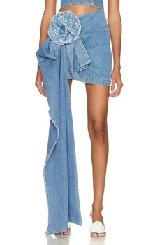 3D Подвеска в виде Розы Длинная нашивка с высокой талией, мини-джинсовая юбка для бедер, женская Новая Индивидуальность, Сексуальная Одежда для летних вечеринок Певицы