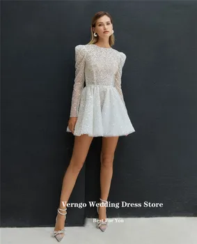 Короткие свадебные платья с блестками Verngo, мини-свадебные платья с длинными рукавами и круглым вырезом, вечернее платье, блестящий вечерний халат 2023