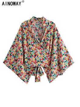 Винтажный короткий халат с поясом и цветочным принтом, Кимоно, женская мода, V-образный вырез, рукава 