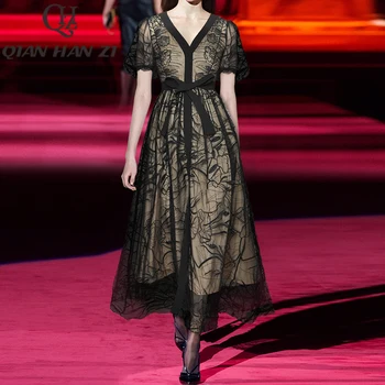 Дизайнерское женское длинное платье Qian Han Zi с V-образным вырезом, винтажный пояс, тонкая сетка, цветочная вышивка, роскошное вечернее платье Макси