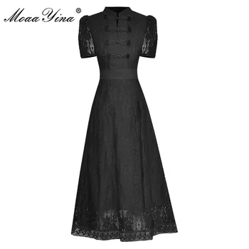 Модное подиумное платье MoaaYina, летнее женское платье с воротником-стойкой, короткий рукав, однотонные платья с застежкой на пуговицы на талии