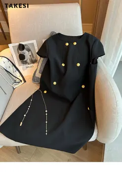 2023 Летние Винтажные черные мини-платья с коротким рукавом и круглым вырезом, Женское элегантное Классическое офисное Роскошное свободное платье трапециевидной формы для леди