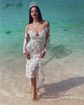 Yczzly Свадебное платье-русалка с открытыми плечами и съемной юбкой цвета шампанского, длинные рукава, кружевное свадебное платье с аппликациями YW102