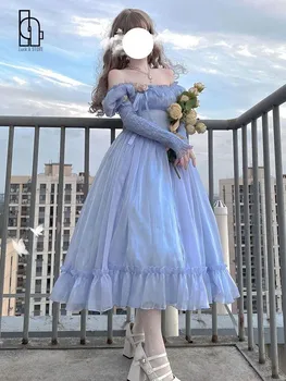 Синее женское платье в стиле Лолиты, весна 2023, сказочное платье с квадратным воротником и длинным рукавом, женское бандажное платье на день рождения, платье с пышными рукавами и оборками